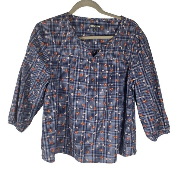 Toad & Co Womens XS Blue Plaid Floral Embroidered 3/4 Sleeve Blouse 100% Cotton - Picture 1 of 11